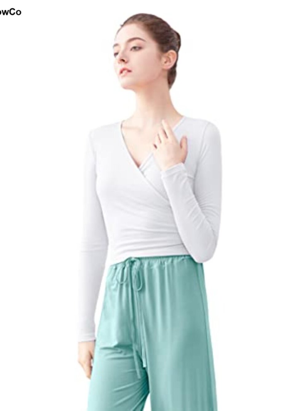 Women's V-Neck Crop Dance Top Long Sleeve Cross-Back Lace-Up Yoga